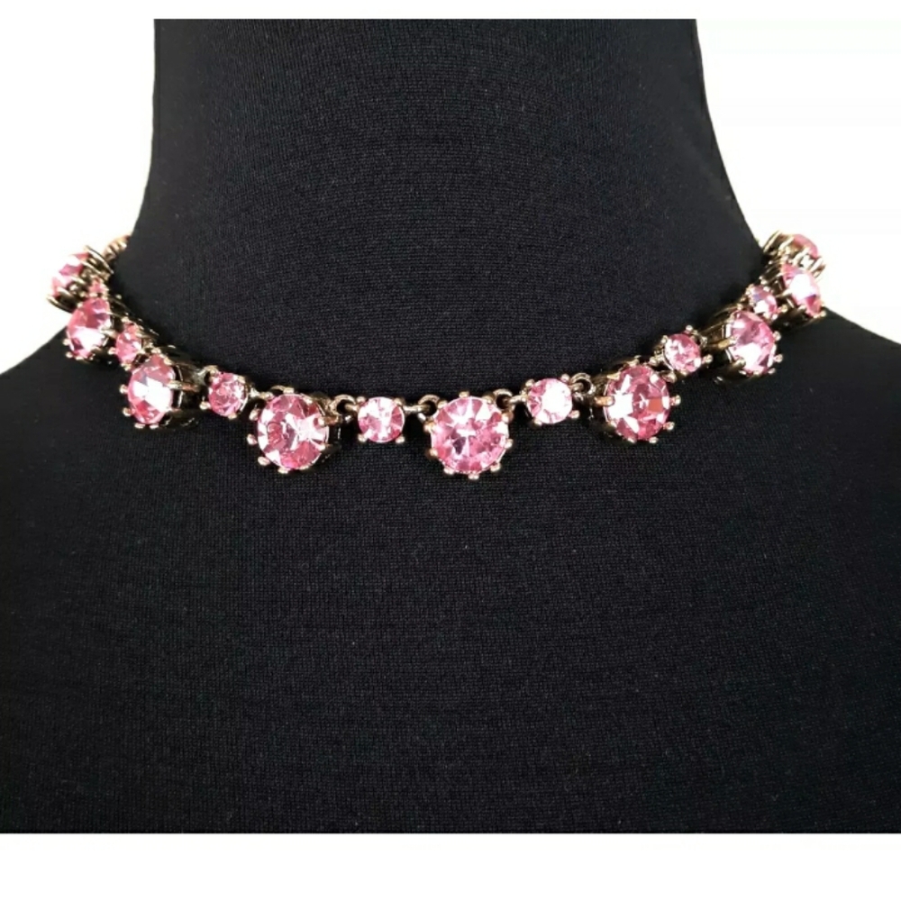 Betsey Johnson PInk Crystal Choker Necklace Sparking Faceted Stations Brass Tone